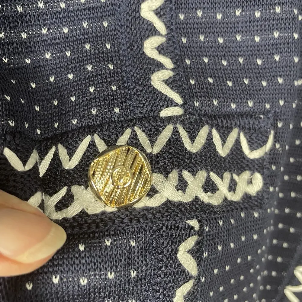 Ming Wang Cardigan Blazer Size XL Navy White Embroidered Stretch Office Career - Picture 7 of 12